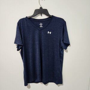 Under Armour NEW Women's V-neck Short Sleeve Blue Black Loose Work Out Shirt- XL